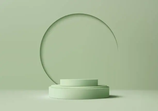 Vector illustration of 3D green podium mockup. A green backdrop and geometric circle design