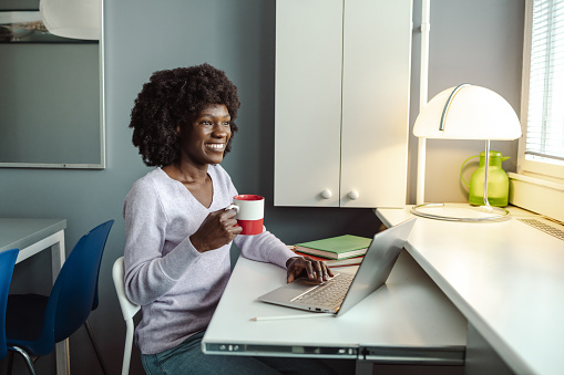Photo of African American young woman using laptop at home