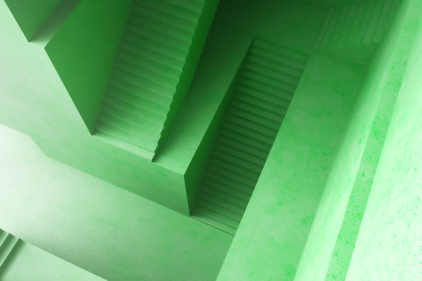Abstract maze of concrete stairs. 3D generated image.