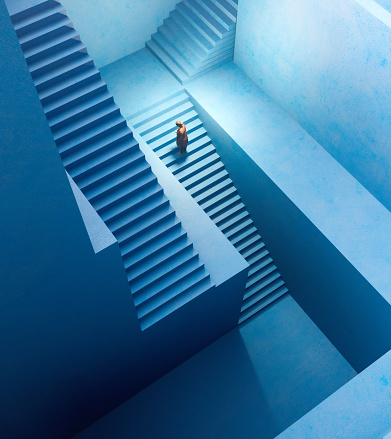 Abstract maze of concrete stairs with woman on the phone. 3D generated image.