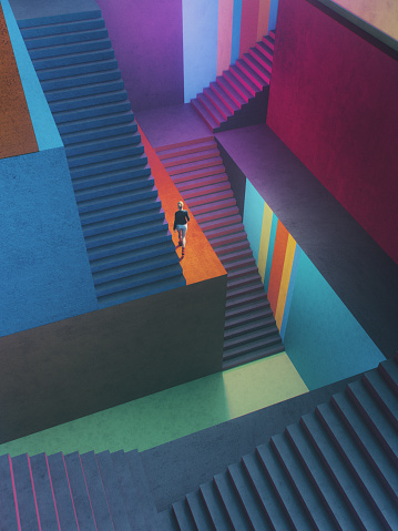 Abstract maze of concrete stairs with woman walking. 3D generated image.
