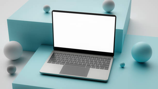 istock Homepage mockup with laptop on minimalist abstract background. 3d rendering 2021477582