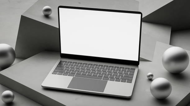 istock Homepage mockup with laptop on minimalist abstract background. 3d rendering 2021477585