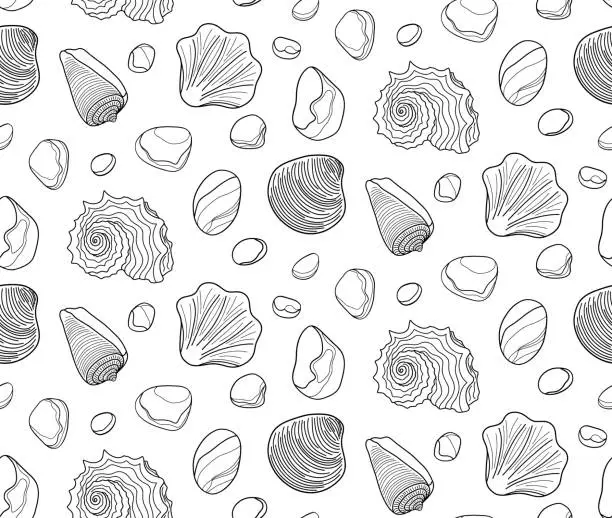 Vector illustration of Seamless contour background with pebbles end shells, pattern with a variety of pebbles outline.