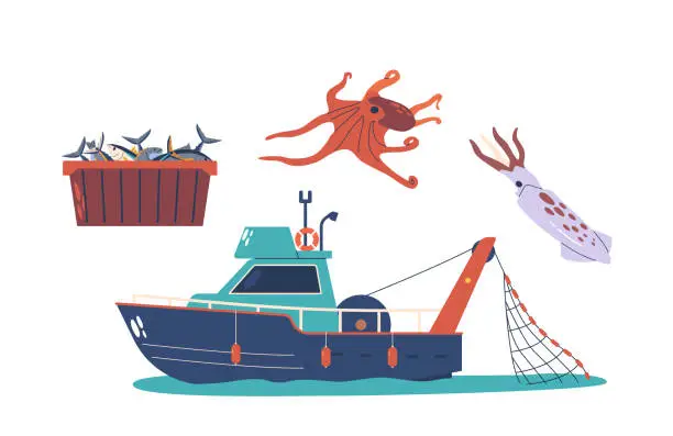 Vector illustration of Fish Production Items Vector Set. Fishing Boat Is A Watercraft For Catching Fish In Rivers, Lakes, Or The Open Sea