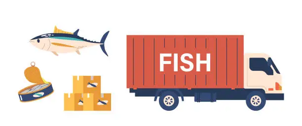 Vector illustration of Fish Truck Transport Live Or Fresh Seafood To Markets. Canning Preserves Fish, Extending Shelf Life Vector Set