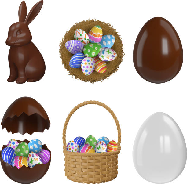 set of easter elements. isolated chocolate rabbit, chocolate egg, eggs in a nest, eggs in a wicker basket, eggs in a hatched chocolate egg and glass egg set of easter elements. isolated chocolate rabbit, chocolate egg, eggs in a nest, eggs in a wicker basket, eggs in a hatched chocolate egg and glass egg vector chocolate bunny stock illustrations