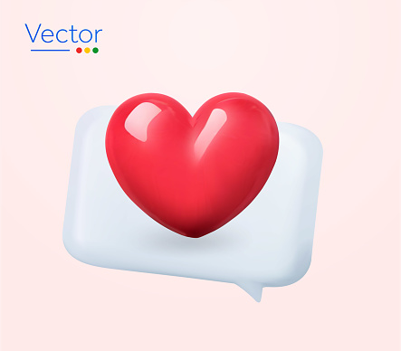 3d love chat box icon with a floating heart on it, isolated on background 3d rendered heart emoticon for livestream, social media. Chat bubble with love symbol. Vector illustration. Vector illustration