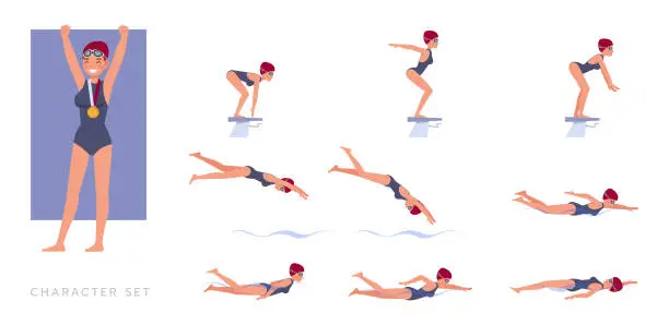 Vector illustration of Big Set of Female swimmer character vector design. Presentation in various action with emotions, running, standing and walking.