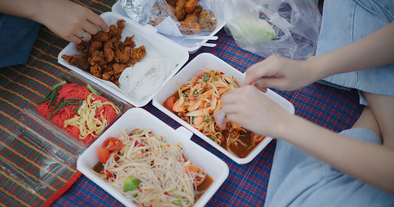 High angle view, Hands of Two young female tourists sitting on mat to eating the local food together, somtum, fried chicken and other food on lunch meal in park while tourist travel in countryside