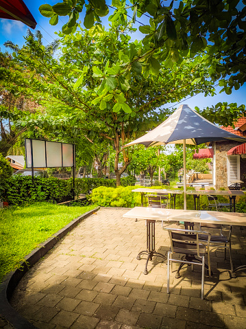 Corner Of The Garden Caffe,  It has lush green trees and plants, a table with chairs, a paved pathway, a large umbrella, and a projection screen