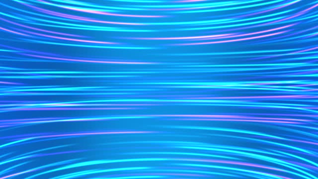 Abstract glowing blue and purple neon particle lines wave flowing horizontally on blue background. Big data business concept. Loopable 4K motion graphic.