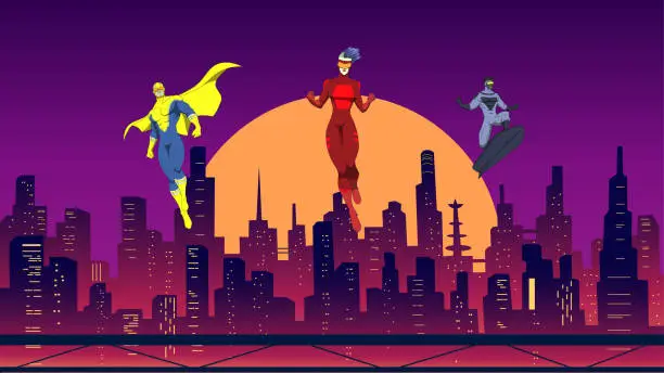 Vector illustration of Vector Masked Superhero Team Flying Floating above Cityscape at Night Stock Illustration