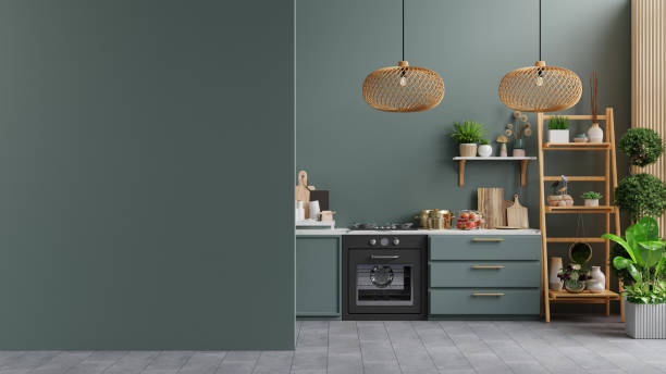 istock Dark green wall mock up kitchen room and minimalist interior design 2021682922