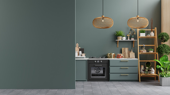 Dark green wall mock up kitchen room and minimalist interior design- 3D rendering