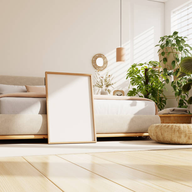 Mockup poster frame in cozy home bedroom interior background