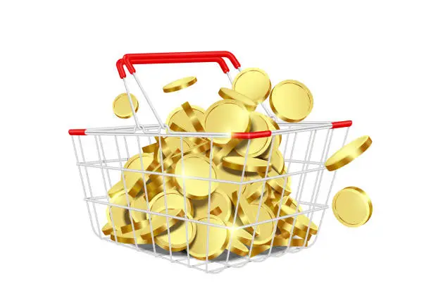 Vector illustration of cash back promotion ,money or gold coins place in shopping basket steel .red handle isolated on white background for shopping advertising design, vector 3d for