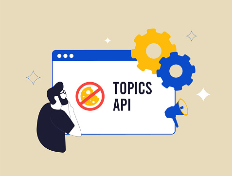 Topics API privacy-focused advertising solution, cookieless tracking. Ad targeting by categorizing content, automating topic analysis for more effective advertising campaigns. Vector illustration.