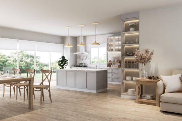 istock Modern luxury vintage style living and dining room overlooking kitchen and nature view 3d render 2021707618