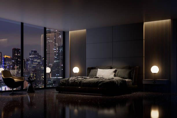 istock Night scene, Modern style luxury black master bedroom with city view 3d render 2021707621