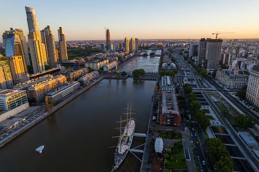 Beautiful aerial footage of Plaza de Mayo, the Casa Rosada Presidents house, The Kirchner Cultural Centre, in Puerto Madero. Buenos Aires, Argentina.