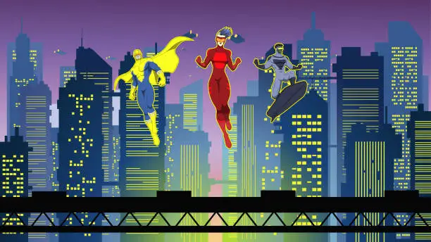 Vector illustration of Vector Masked Superhero Team Flying Floating Above Futuristic Cyberpunk Cityscape Stock Illustration