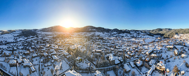 Aerial view of Voskopojë in winter, Albanian Village