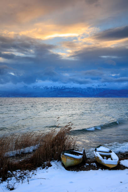 Pogradec, Albanian Winter snow in Ohrid lake