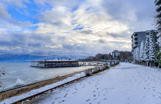 Pogradec, Albanian Winter snow in Ohrid lake