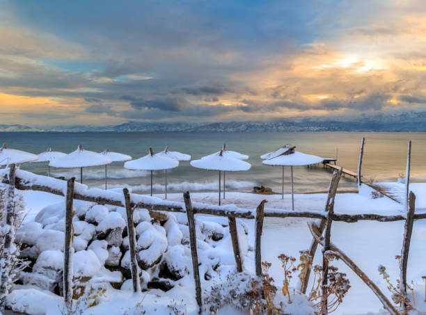Pogradec, Albanian Winter snow in Ohrid lake