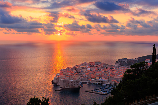 Beautiful sunset in Dubrovnik, Croatian town
