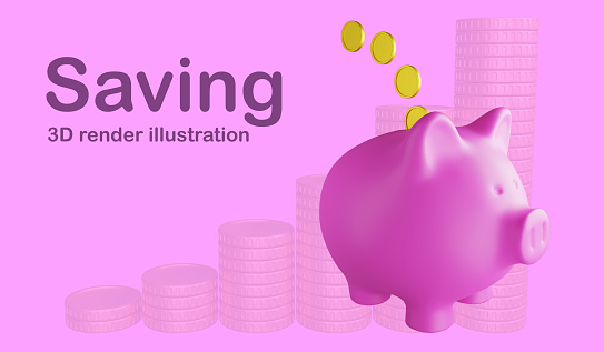 Saving money banner and copy space on pink background , 3D render finance and saving illustration concept