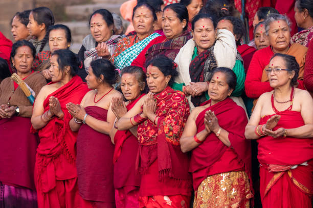 10th Feb, 2024. Bhaktapur, Nepal. During a month-long Madhav Narayan Festival, Devotees submerge themselves in the holy waters of the Hanumante River festival devoted to religious fasting.