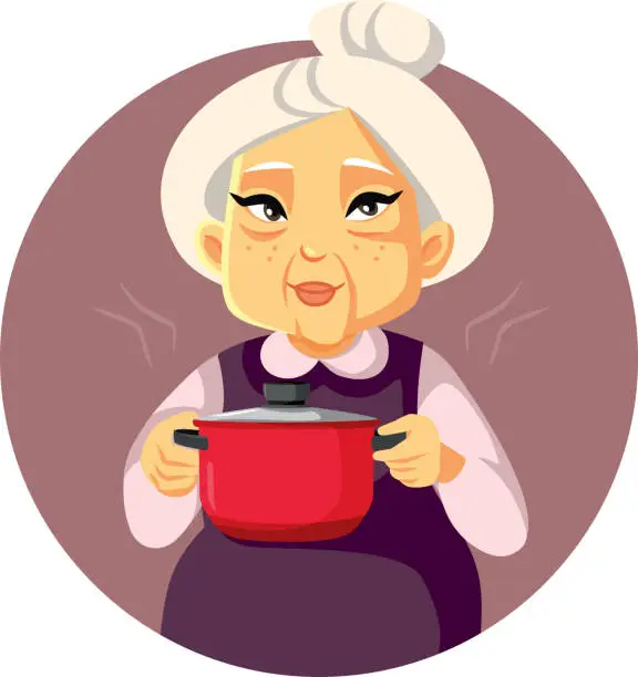 Vector illustration of Cheerful Granny Holding a Pot of Homemade Lunch Vector Cartoon Character