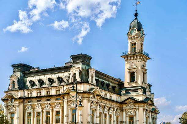 View of the City Hall, which was built in an eclectic style after the fire of 1894. The tower is decorated with a historical clock, Nowy Sacz, Poland.