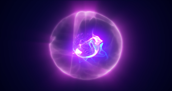 Energy purple blue magic sphere, futuristic round high-tech ball bright glowing atom made of electricity, background.