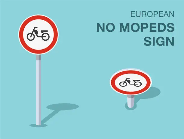 Vector illustration of Traffic regulation rules. Isolated european no mopeds sign. Front and top view. Vector illustration template.