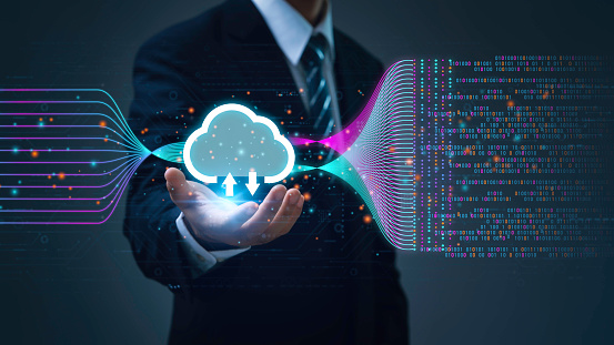 technology cloud computing, digital information, and Data Storage to global network. Businessman hand-holding icon cloud for server. internet connection for backup data. development cloud security