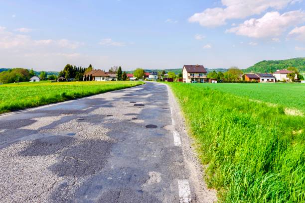 Landscape with an empty old asphalt road through meadows on flatlands in Poland