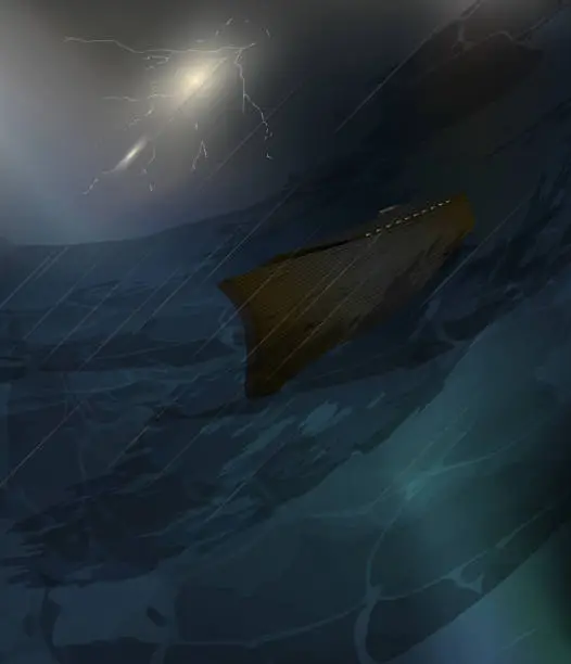 Vector illustration of Noah's ark in great flood.