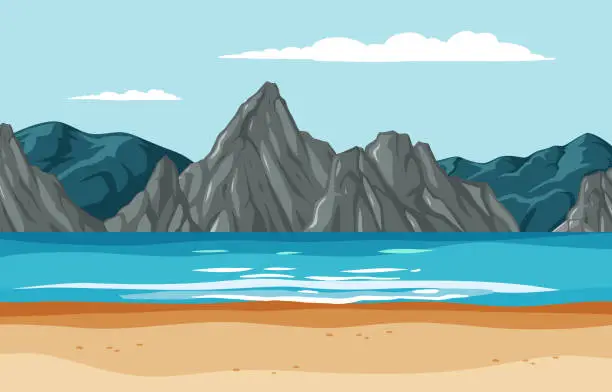 Vector illustration of Vector illustration of a tranquil beach and mountains