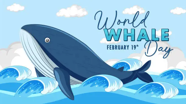 Vector illustration of Whale swimming in ocean waves, World Whale Day theme