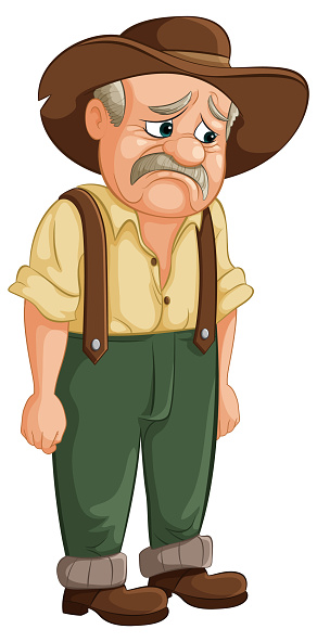 Cartoon cowboy with a sad expression standing.