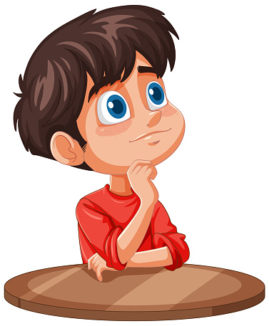 Cartoon boy thinking deeply with a curious expression