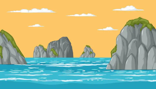 Vector illustration of Calm sea with rocky cliffs and cloudy sky