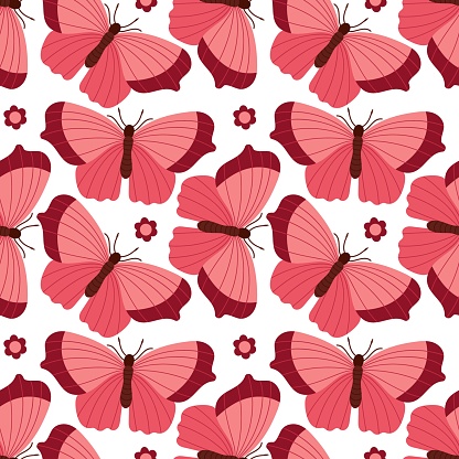 Seamless Butterfly pattern. Children's background with butterflies and flowers for nursery. Hand drawn sketch element. Red Flying butterfly. Repeated background for wallpaper, textile, wrapper