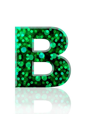 Close-up of three-dimensional defocused green lights alphabet letter B on white background.