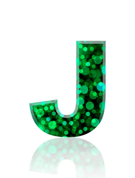 흰색 배경에 3 차원 초점이 흐려진 녹색 조명 알파벳 문자 j의 고립 된 샷 - letter j alphabet three dimensional shape green 뉴스 사진 이미지