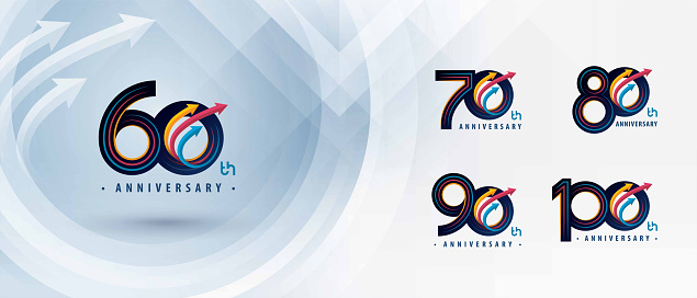60, 70, 80, 90, 100 year Anniversary logo design, Sixty to Hundred years Anniversary Logo for Celebration event, Abstract Colorful Circle Arrow, Growth to Success Concept, Upward Curved Arrow Right