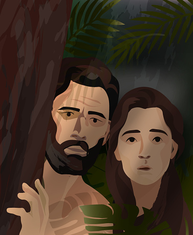 First sin. Fall from grace. Fall of man. Eden Garden. Illustration of first man and woman. Biblical illustration series.